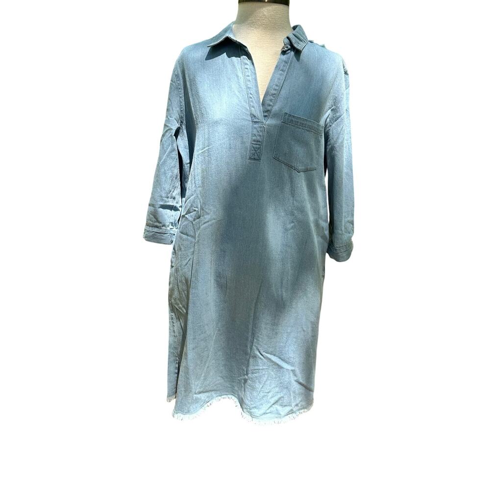 Melissa Newton Denim Chambray Distressed Hem Pocket Dress Size Small